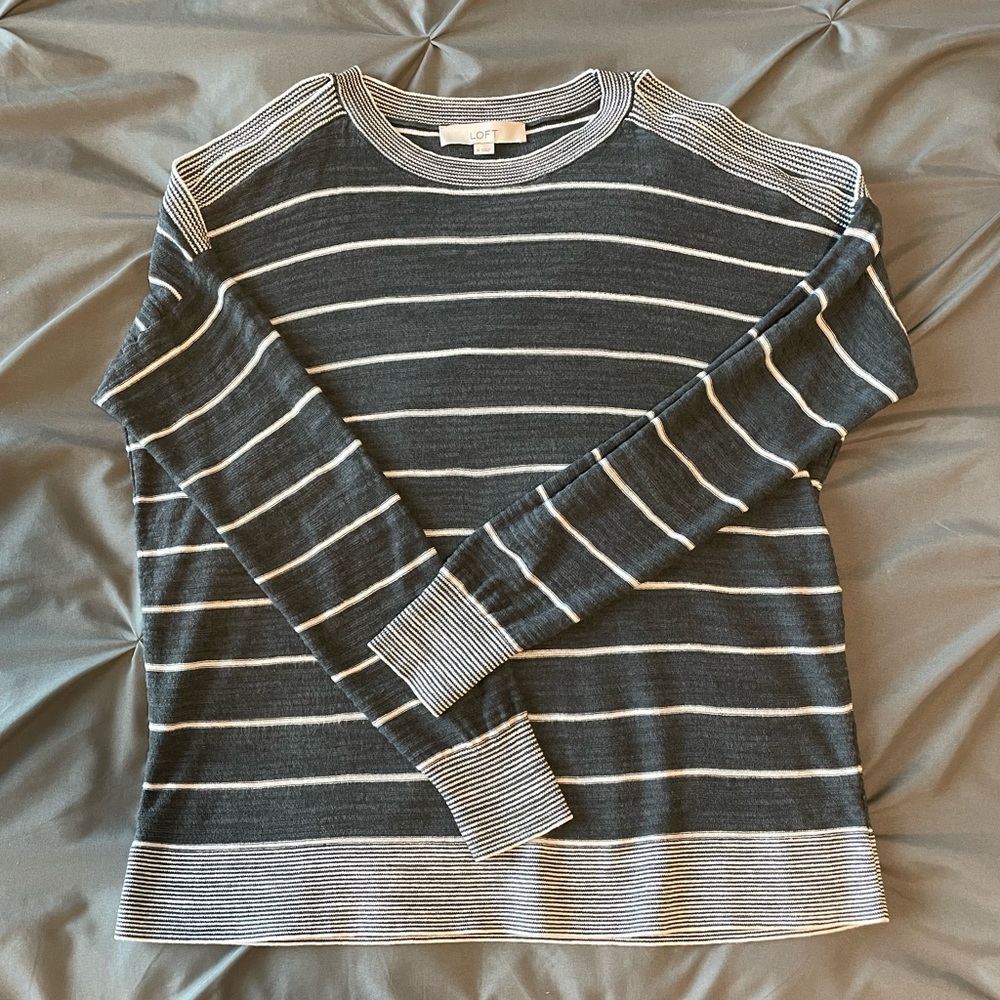 LOFT Gray Striped Open-Shoulder Sweater